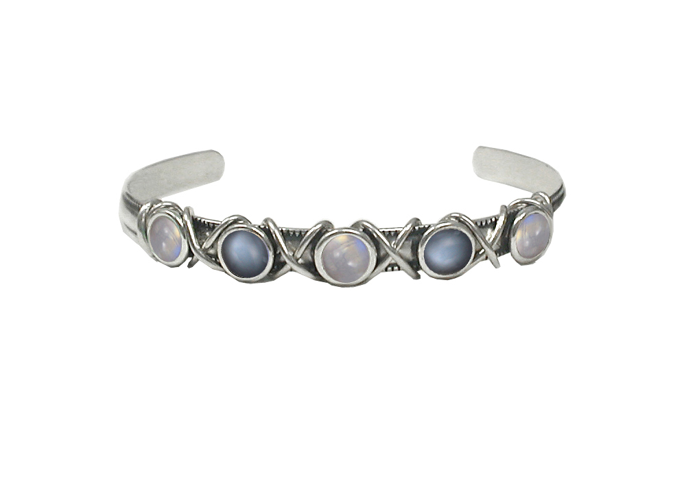 Sterling Silver Cuff Bracelet With Rainbow Moonstone And Grey Moonstones